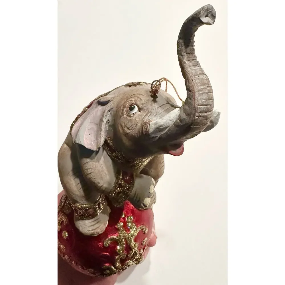 Rare Vintage Mark Robert’s Circus Elephant On Ball Ornament Red w/Gold Glitter